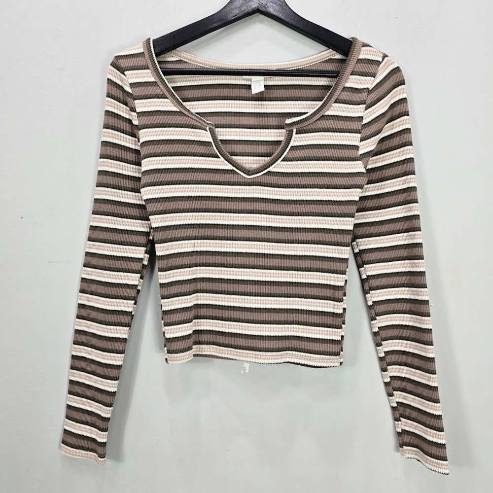 Full Tilt Striped Ribbed Cropped Long Sleeve Top Brown Tan Grunge Retro Baby Y2K